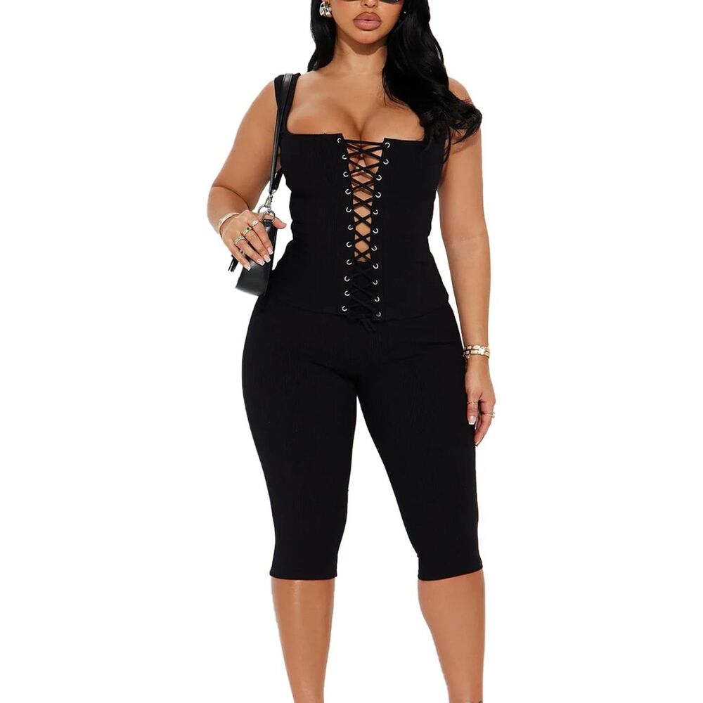 Sleeveless Hollow Out Tie Down Top Bodycon Capri Pants, Medium, 12L-203Set001